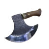 A handmade butchering axe with a wooden handle.
