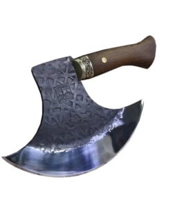 A handmade butchering axe with a wooden handle.