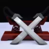 Two butterfly knife swords with their blades crossed and leaning against a wooden stand.