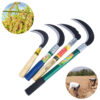Four garden sickle tools of varying size and design displayed side-by-side, along with use examples above and below.