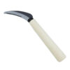 A small hand sickle knife with a wooden handle and a curved serrated blade edge.