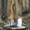 A short, single handed axe with a wooden handle, displayed balanced on a tree-stump.
