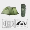 A green colored, 3 person tent displayed erected, along with its storage bag and tent diagrams below.