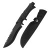 A tactical survival knife nect to its black knife sheath.
