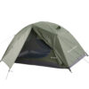 A green colored, 2 person camping tent.