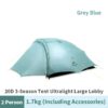 A grey blue colored, 2 person tent displayed erected, along with product information below.