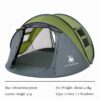 A green colored instant pop up tent, erected with its doors and windows opened, along with product information listed below.
