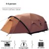 A brown colored four person tent, along with product information both above and below.