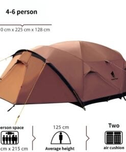 A brown colored four person tent, along with product information both above and below.
