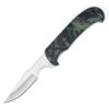 A small game processing knife with a camouflage color handle and silver blade.