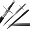 An arming sword displayed next to its scabbard, along with sword close-ups.