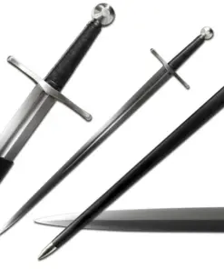 An arming sword displayed next to its scabbard, along with sword close-ups.