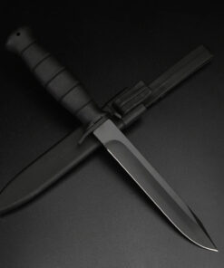 A black army dagger, displayed leaning against its knife sheath,