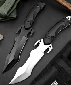 Two tactical assault knife models of differing blade color, displayed side-by-side.