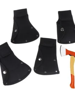 Five different sized axe sheaths with a small hatchet.