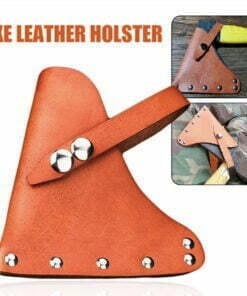 A leather axe sheath with use case highlights.