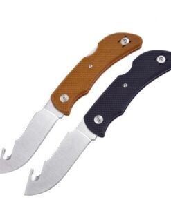 Two folding deer field dressing knives with gut hooks.
