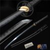 A black Katana and its scabbard, with a sword bag & certification below and sword highlights above.