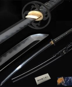 A black Katana and its scabbard, with a sword bag & certification below and sword highlights above.