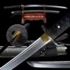 A black Japanese Samurai Katana displayed with its multi-colored scabbard on a wooden sword stand, along with sword highlights below.