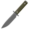A survival bugout knife with a green handle and a light grey blade.