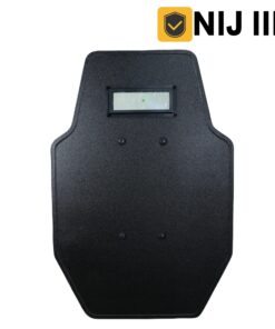 A black colored, bulletproof shield, with its NIJ III rating above.