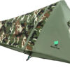 A single person camouflage tent, displayed erected.