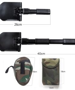 A folding camping shovel with separate shovel head and carry bags displayed.