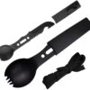 A camping spork knife combination eating tool with both sheathed and un-sheathed knife examples.