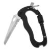 A multi tool carabiner knife, with semi serrated knife and screwdrivers opened.