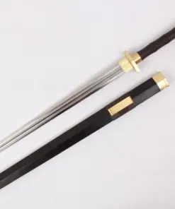 A one handed Chinese broadsword displayed next to its scabbard.