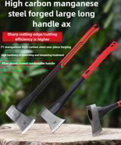 Three different sized, large wood chopping axes, displayed with their axeheads stuck into a tree stump.