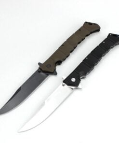 Two folding combat knives with blades opened.