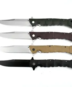 Four combat folding knife models of differing colors, displayed with their blades extended.