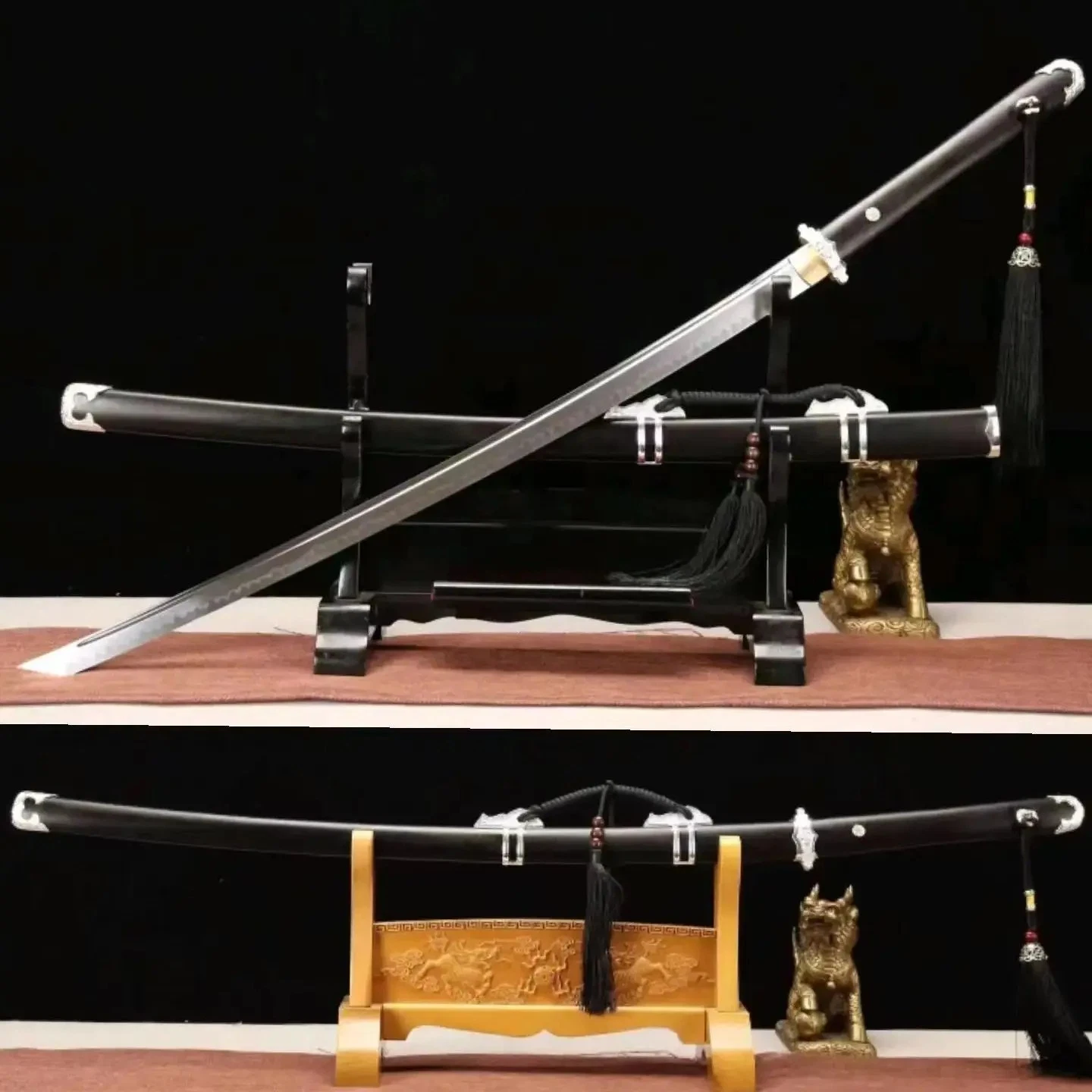 Dao Saber A Chinese Dao saber sword, displayed next to its scabbard, leaning against a small wooden stand.