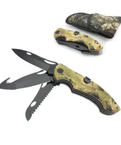 A deer field dressing knife with three folding blades.