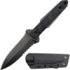 A double edged blade self defense knife with its sheath below.