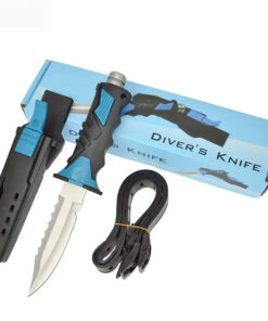 A scuba dive knife with leg strap, sheath and box.