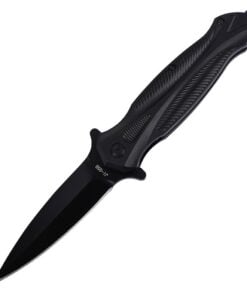 A black self defense double edged knife with pommel on handle rear.