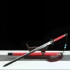 A straight, double-edged sword Jian, displayed against its scabbard, on a small wooden sword-stand.
