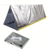 A silver colored emergency tube tent erected, with the same product displayed below, folded.