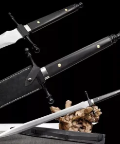 A fantasy longsword displayed leaning on a small wood log, with its scabbard below on the floor.