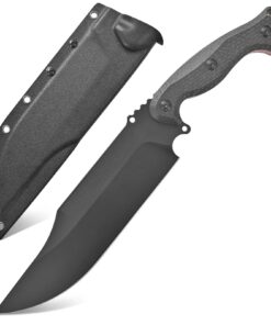 A black fixed blade fighter knife, displayed next to its sheath.