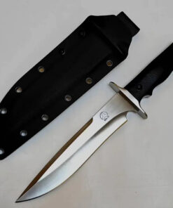 A fixed blade fighting knife, displayed next to its sheath.