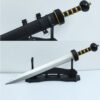 A Roman Gladiator sword leaning on a wooden stand, with a close-up of the sword within its scabbard above.