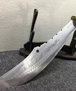 A Guan Dao sword leaning against a small wodden stand.