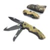 A triple blade game processing & gutting knife with its three blades opened and a smaller display of the knife in a fully closed position and its sheath.