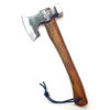 A small hand forged hatchet with a wooden handle.