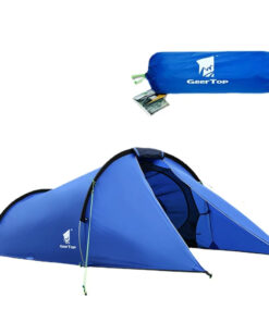 A blue colored, two man hoop tent displayed erected, along with the packed tent bag above.