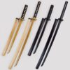 Four different color and sized Japanese wooden sword and scabbard sets.